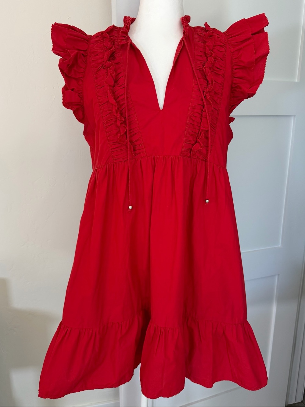 Caroline Constas Red Ruffle V-Neck Babydoll Dress Size Large